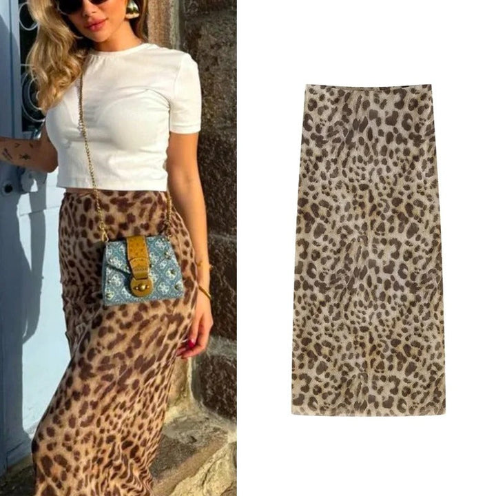 Dame leopardprint lang satin nederdel, høj talje, blødt materiale, elegant silhuet, trendy look
