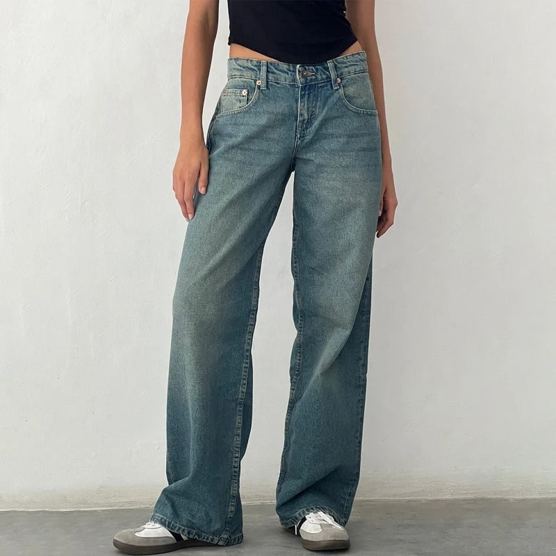 Dame vidde ben baggy jeans vintage vask lav talje, vidde ben, afslappet boyfriend pasform