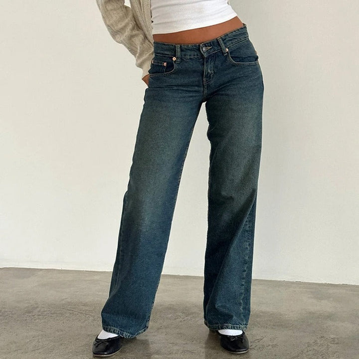 Dame vidde ben baggy jeans vintage vask lav talje, vidde ben, afslappet boyfriend pasform