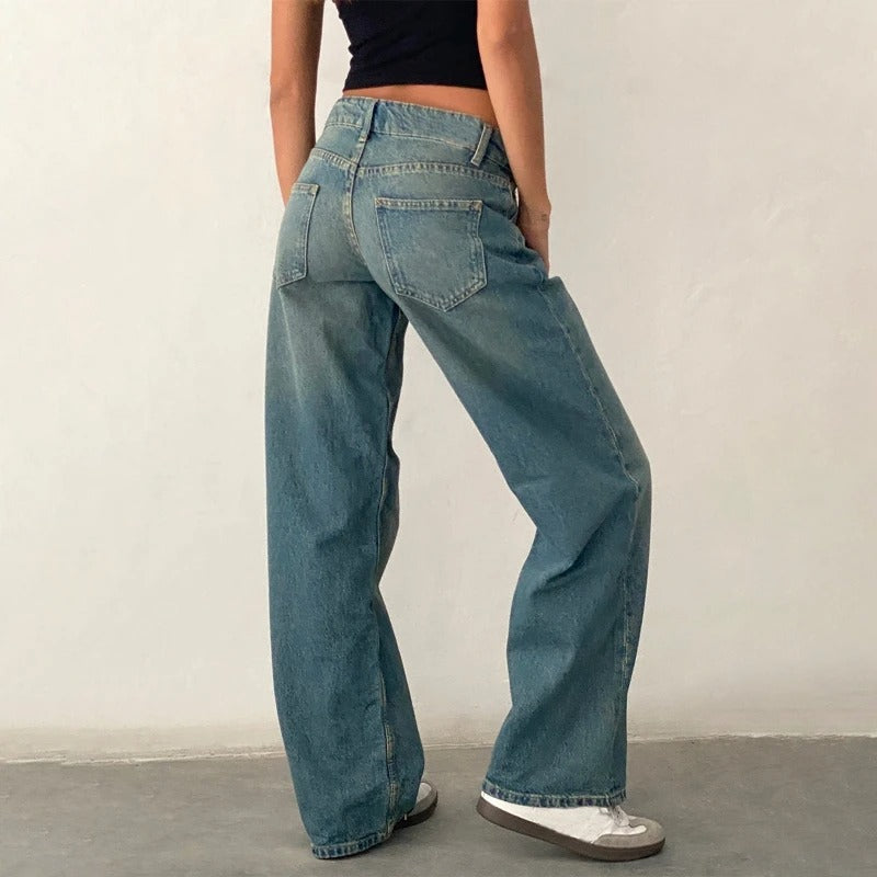 Dame vidde ben baggy jeans vintage vask lav talje, vidde ben, afslappet boyfriend pasform