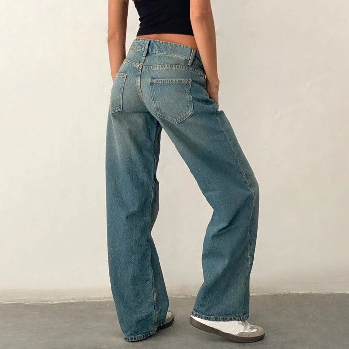 Dame vidde ben baggy jeans vintage vask lav talje, vidde ben, afslappet boyfriend pasform