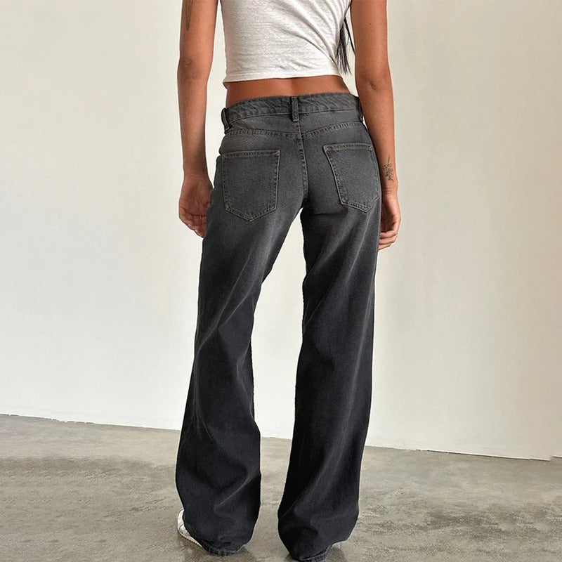 Dame vidde ben baggy jeans vintage vask lav talje, vidde ben, afslappet boyfriend pasform