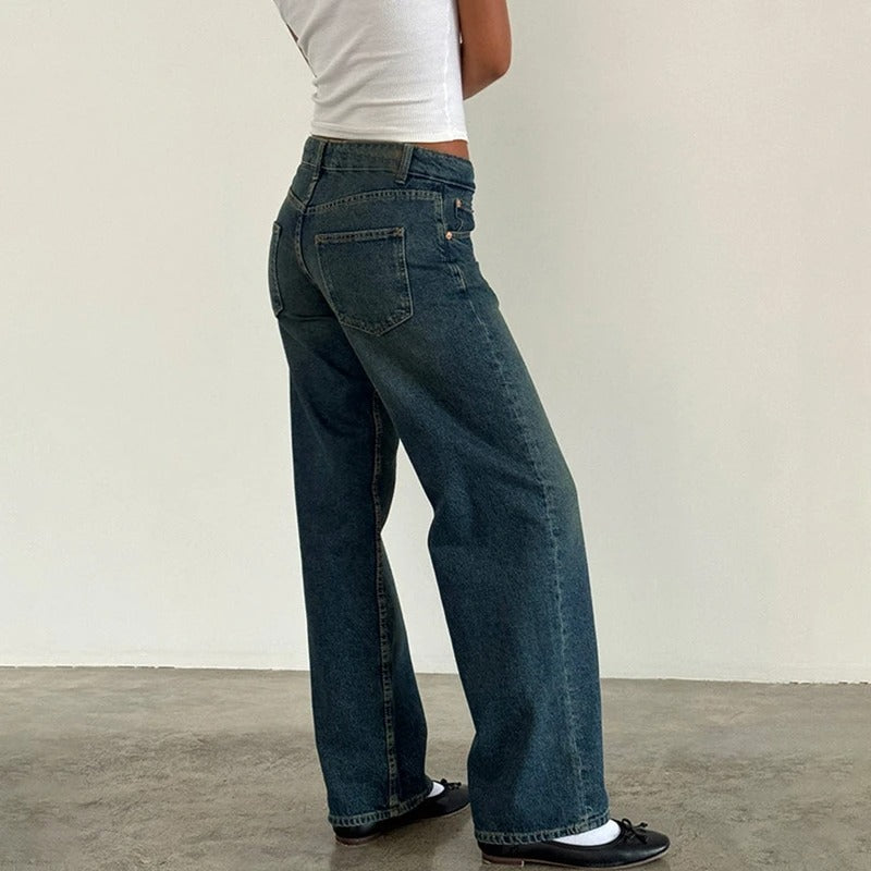 Dame vidde ben baggy jeans vintage vask lav talje, vidde ben, afslappet boyfriend pasform