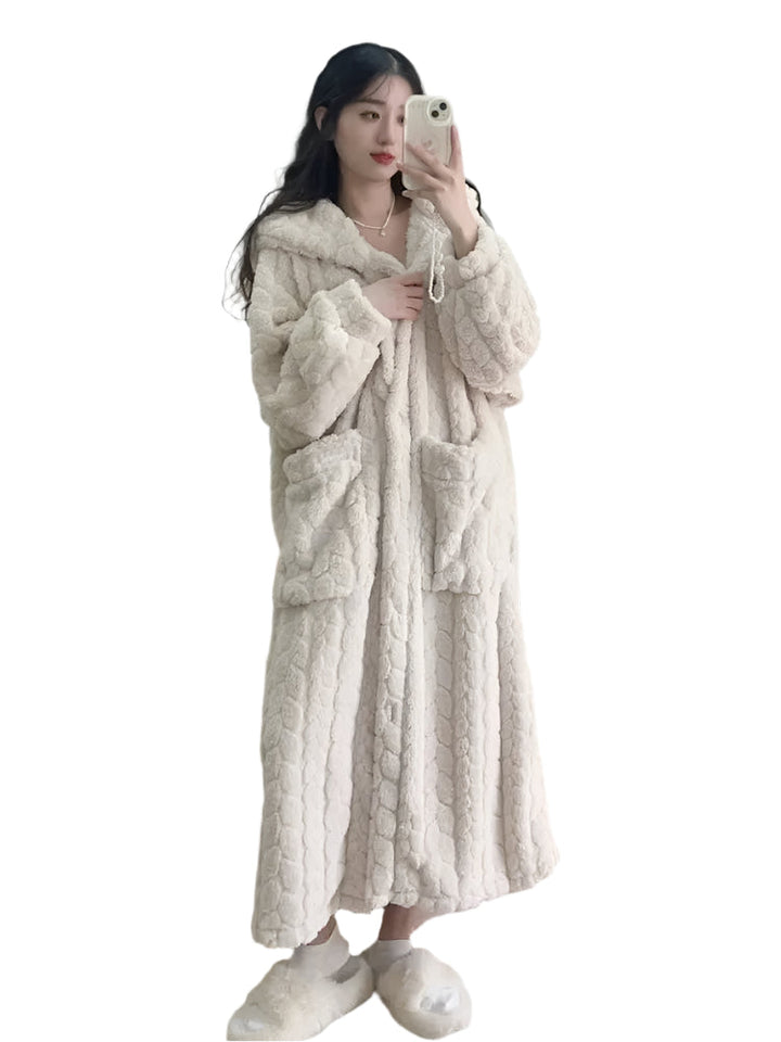 Dame varm fleece morgenkåbe, blød, grå, elegant design, praktiske lommer, perfekt komfort.