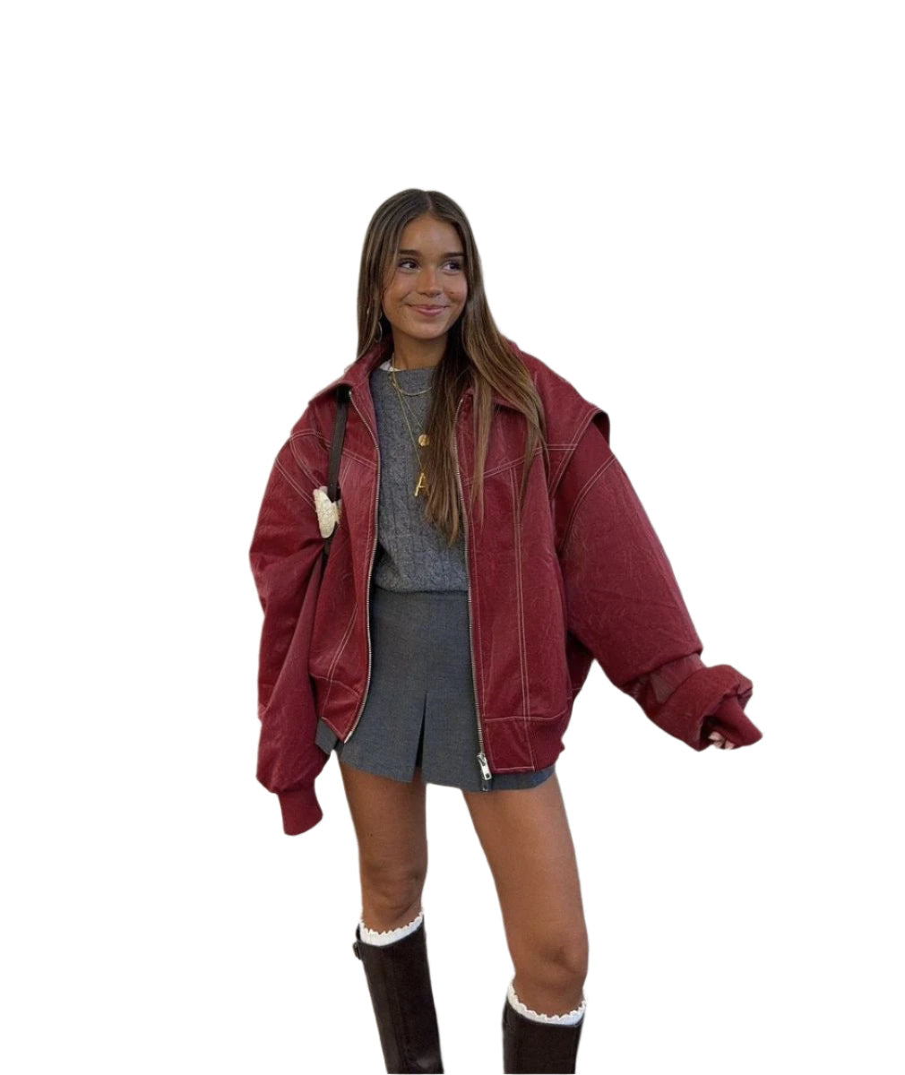 Dame varm oversized bomberjakke i beige, med ribkanter og lynlås, moderne og behagelig efterårsjakke