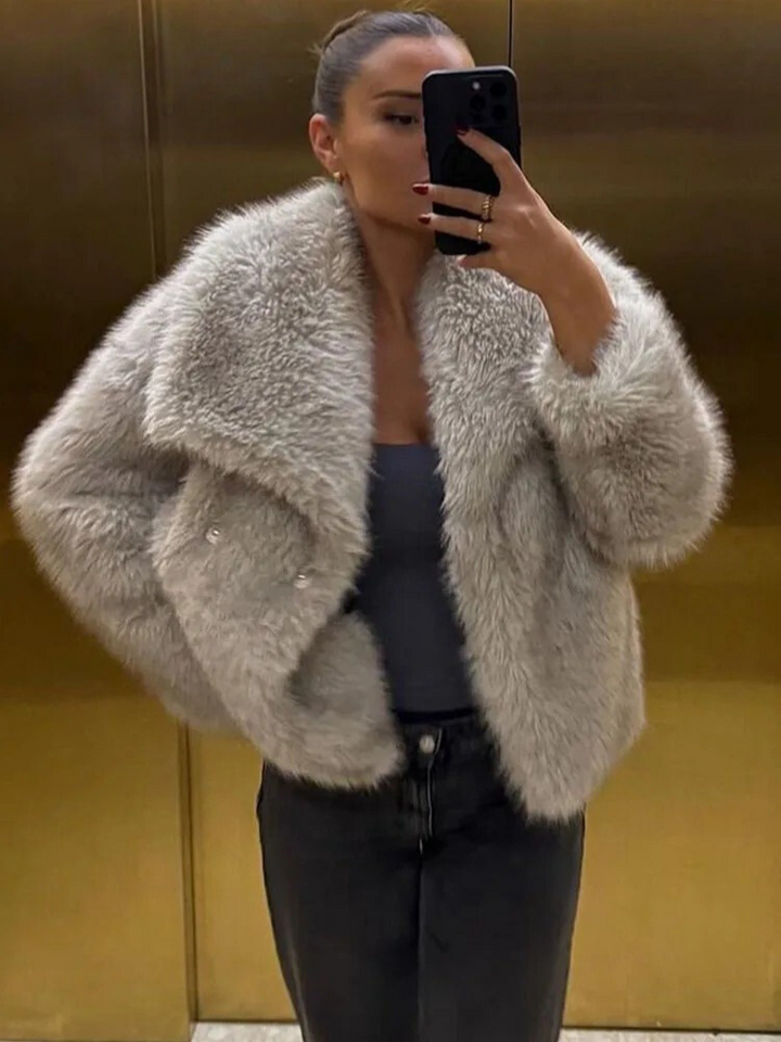 Naisten lämmin turkistakki, käännettävä kaulus, muhkea vuori, elegantti ja lämmin talvitakki kylmiin päiviin.
