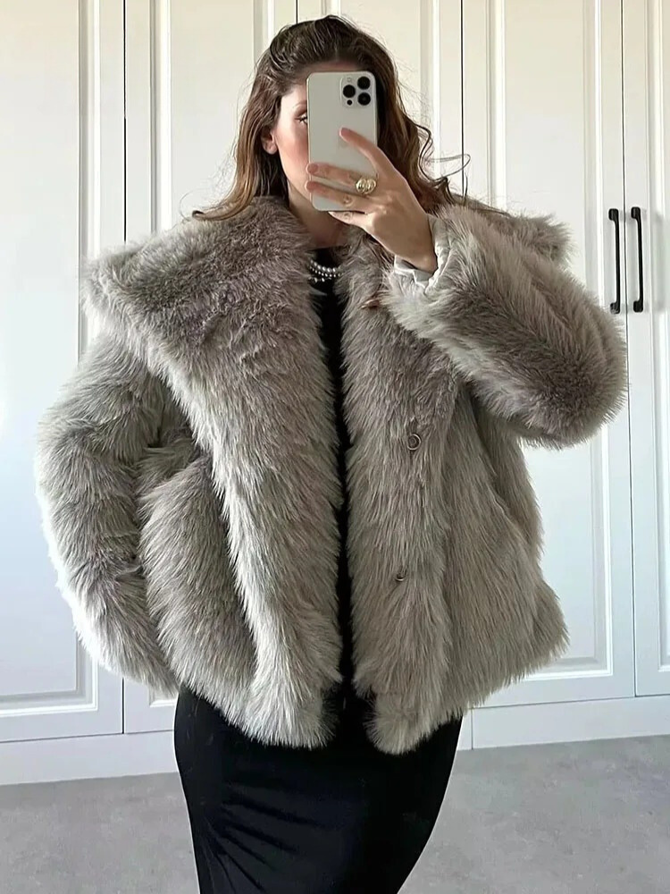 Naisten lämmin turkistakki, käännettävä kaulus, muhkea vuori, elegantti ja lämmin talvitakki kylmiin päiviin.