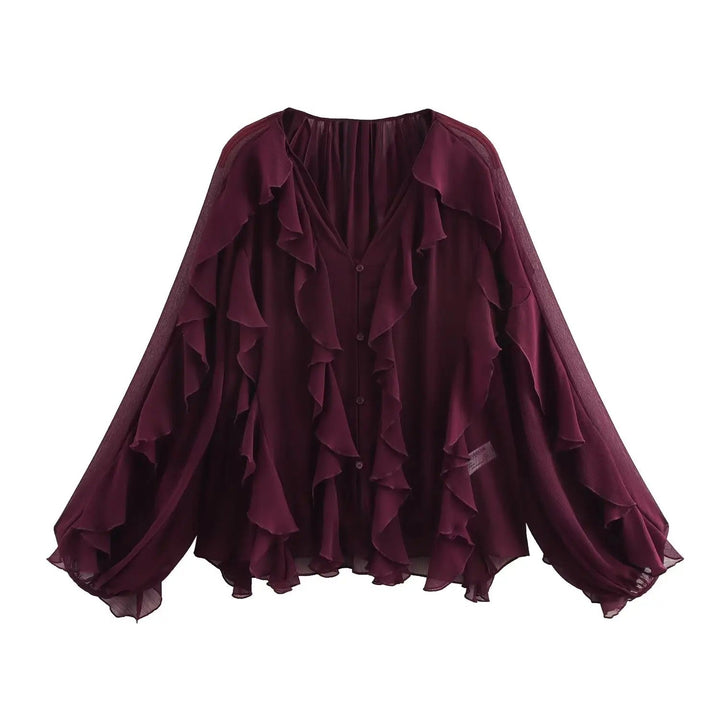 Dame gennemsigtig lagdelt bluse, luftig og elegant flæsedesign, let tekstur, velegnet til hverdagsbrug og fest.