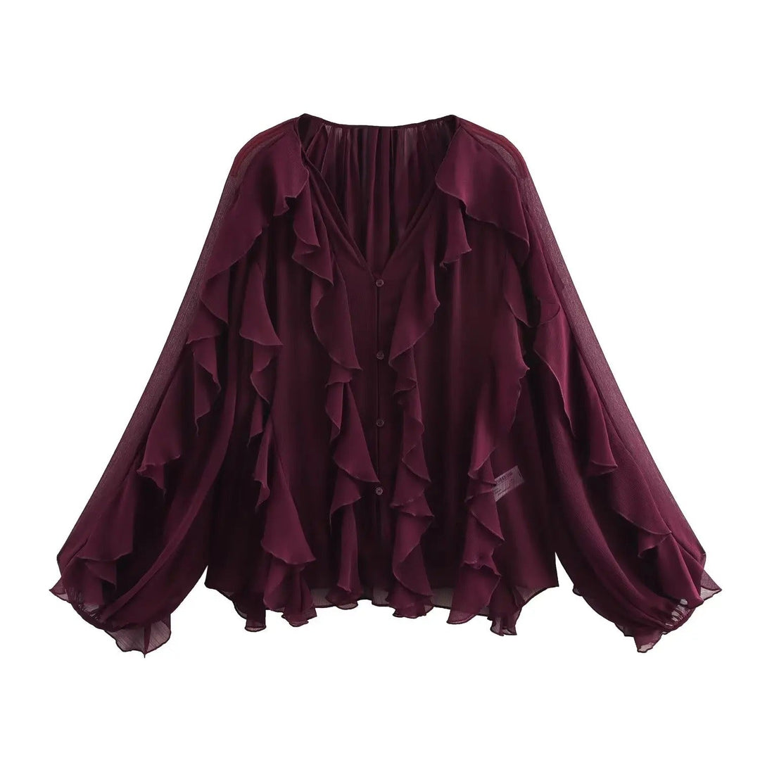Dame gennemsigtig lagdelt bluse, luftig og elegant flæsedesign, let tekstur, velegnet til hverdagsbrug og fest.