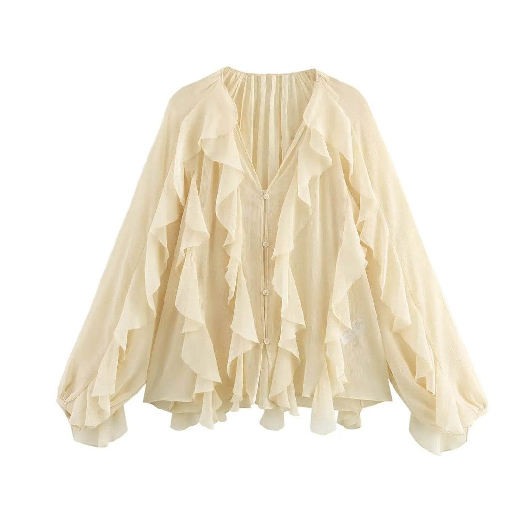 Dame gennemsigtig lagdelt bluse, luftig og elegant flæsedesign, let tekstur, velegnet til hverdagsbrug og fest.