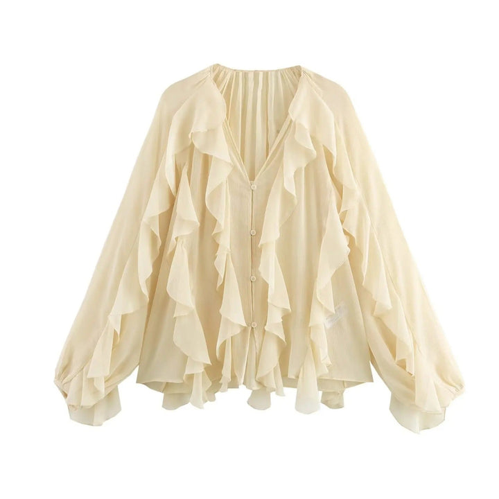 Dame gennemsigtig lagdelt bluse, luftig og elegant flæsedesign, let tekstur, velegnet til hverdagsbrug og fest.