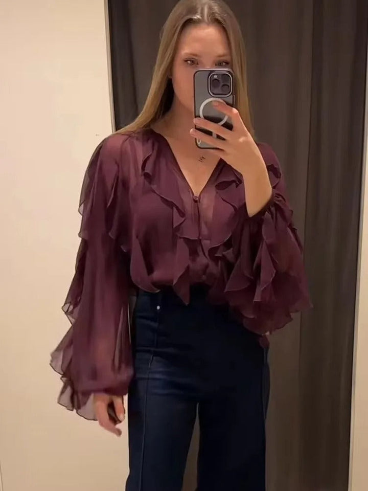 Dame gennemsigtig lagdelt bluse, luftig og elegant flæsedesign, let tekstur, velegnet til hverdagsbrug og fest.