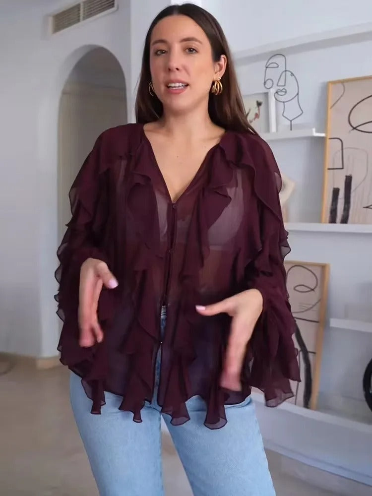 Dame gennemsigtig lagdelt bluse, luftig og elegant flæsedesign, let tekstur, velegnet til hverdagsbrug og fest.