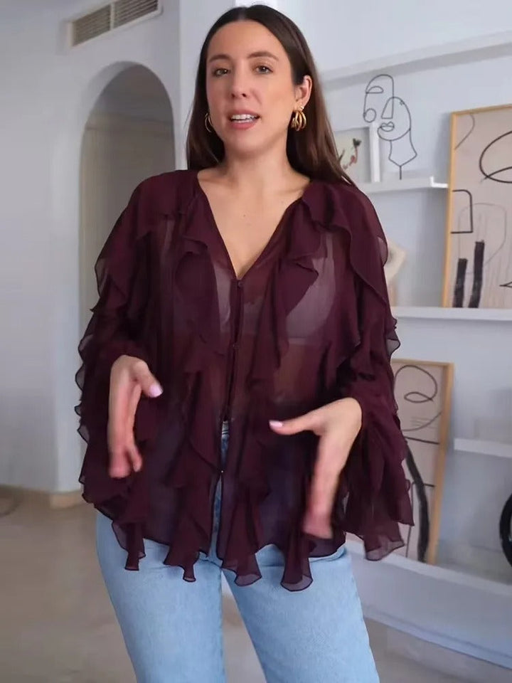 Dame gennemsigtig lagdelt bluse, luftig og elegant flæsedesign, let tekstur, velegnet til hverdagsbrug og fest.
