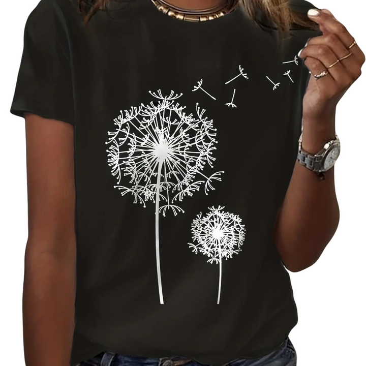 Dame kortærmet T-shirt, blød tekstur, mælkebøtteprint, naturinspireret afslappet stil, behagelig og elegant.