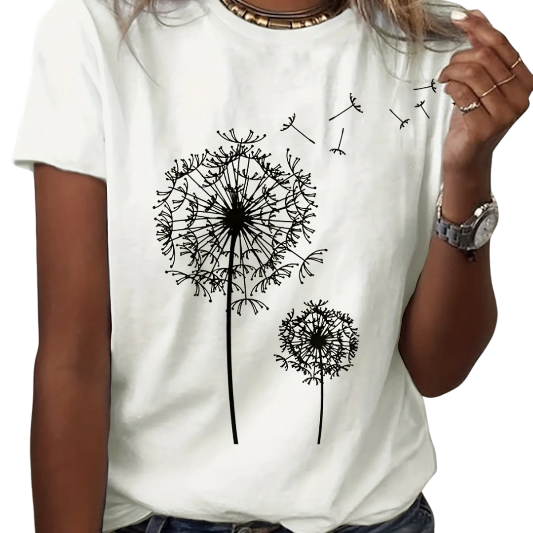 Dame kortærmet T-shirt, blød tekstur, mælkebøtteprint, naturinspireret afslappet stil, behagelig og elegant.