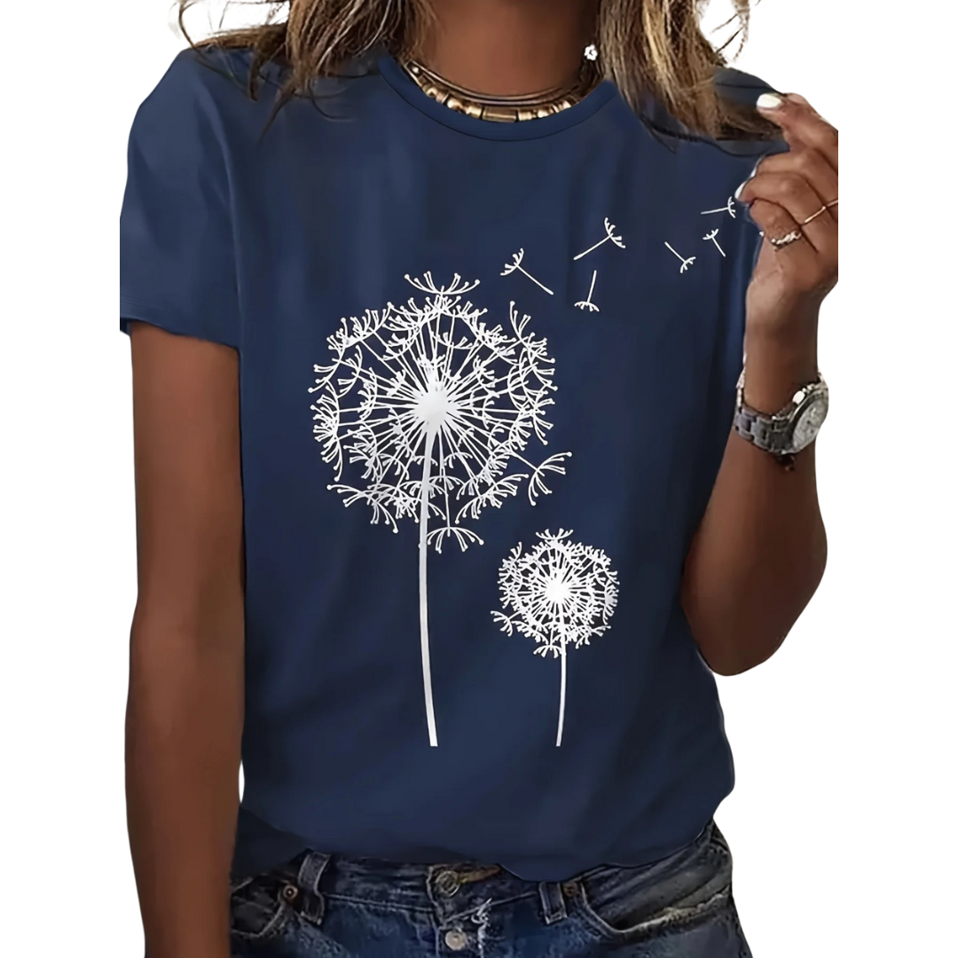 Dame kortærmet T-shirt, blød tekstur, mælkebøtteprint, naturinspireret afslappet stil, behagelig og elegant.