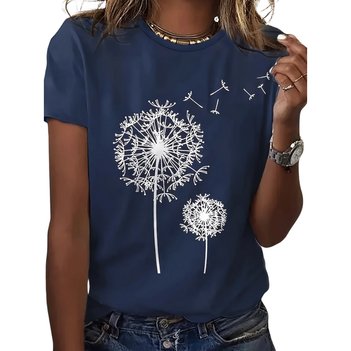 Dame kortærmet T-shirt, blød tekstur, mælkebøtteprint, naturinspireret afslappet stil, behagelig og elegant.