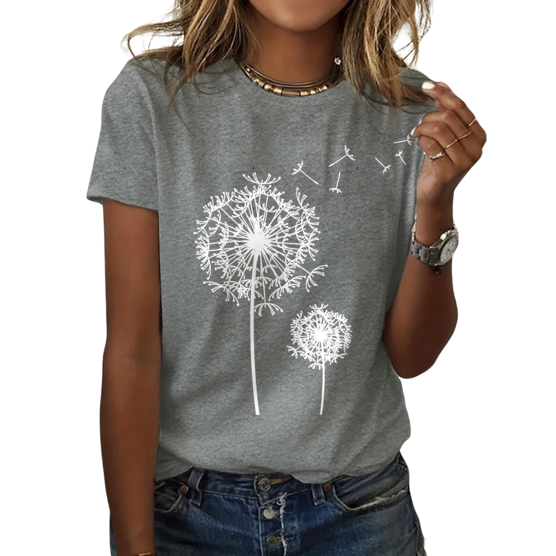 Dame kortærmet T-shirt, blød tekstur, mælkebøtteprint, naturinspireret afslappet stil, behagelig og elegant.