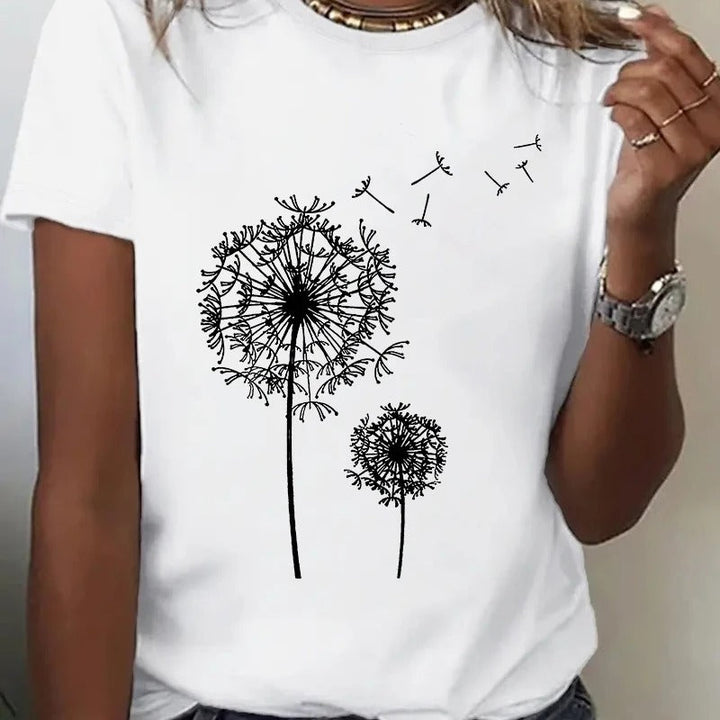 Dame kortærmet T-shirt, blød tekstur, mælkebøtteprint, naturinspireret afslappet stil, behagelig og elegant.