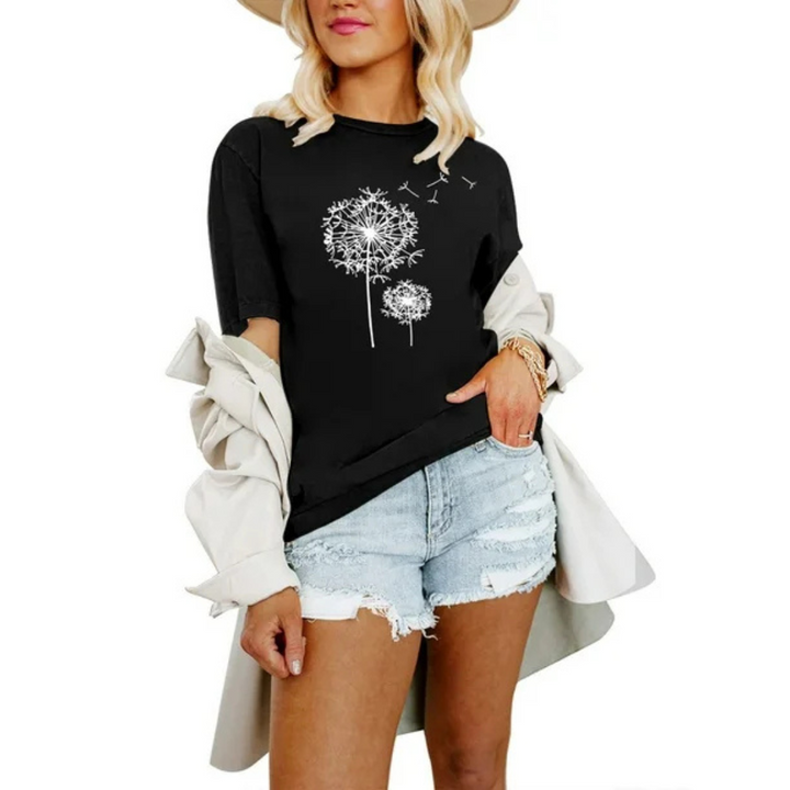 Dame kortærmet T-shirt, blød tekstur, mælkebøtteprint, naturinspireret afslappet stil, behagelig og elegant.