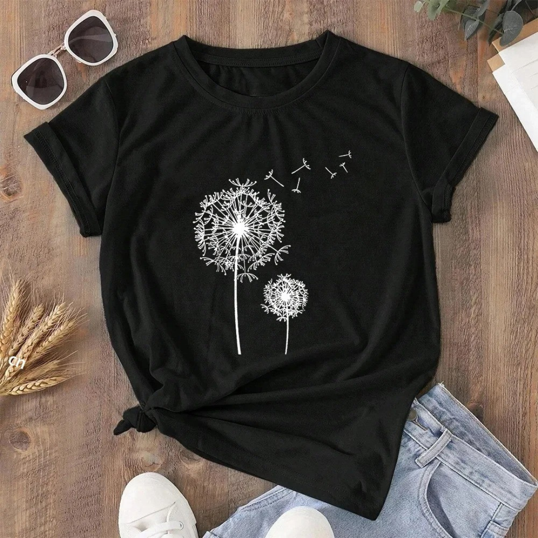 Dame kortærmet T-shirt, blød tekstur, mælkebøtteprint, naturinspireret afslappet stil, behagelig og elegant.