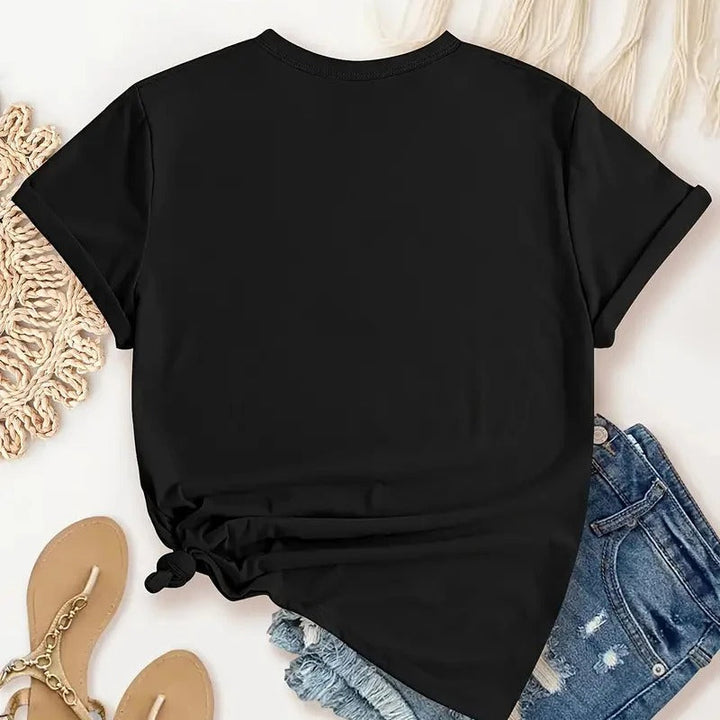 Dame kortærmet T-shirt, blød tekstur, mælkebøtteprint, naturinspireret afslappet stil, behagelig og elegant.