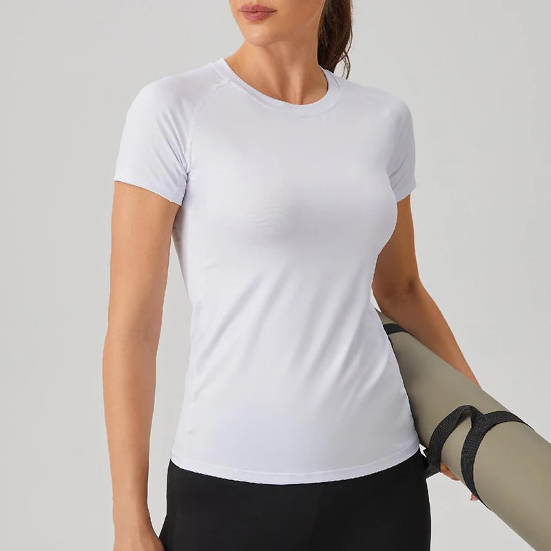 Dame kompressions-t-shirt med korte ærmer, elastisk og hurtigtørrende, perfekt til træning og sport.