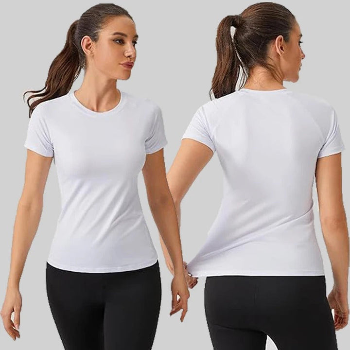 Dame kompressions-t-shirt med korte ærmer, elastisk og hurtigtørrende, perfekt til træning og sport.