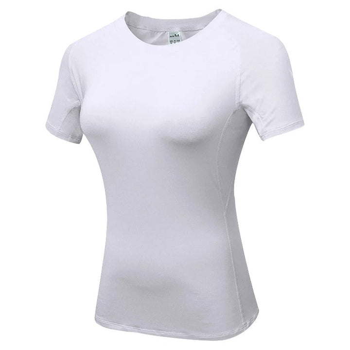 Dame kompressions-t-shirt med korte ærmer, elastisk og hurtigtørrende, perfekt til træning og sport.