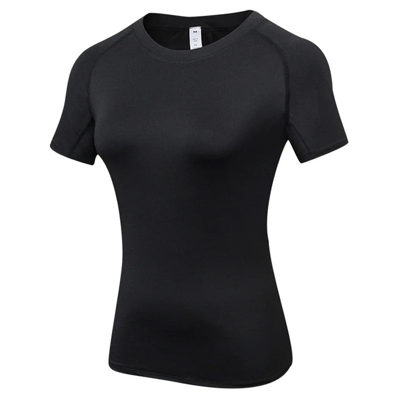 Dame kompressions-t-shirt med korte ærmer, elastisk og hurtigtørrende, perfekt til træning og sport.
