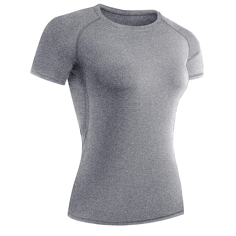 Dame kompressions-t-shirt med korte ærmer, elastisk og hurtigtørrende, perfekt til træning og sport.