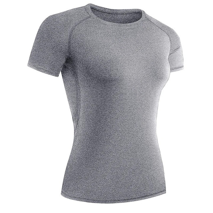 Dame kompressions-t-shirt med korte ærmer, elastisk og hurtigtørrende, perfekt til træning og sport.