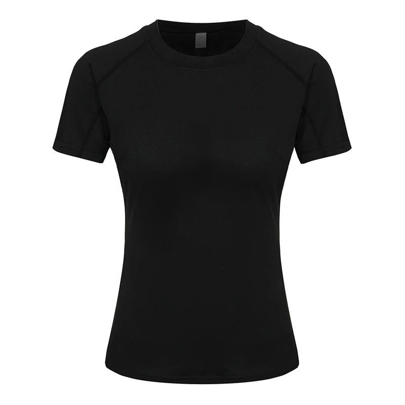 Dame kompressions-t-shirt med korte ærmer, elastisk og hurtigtørrende, perfekt til træning og sport.