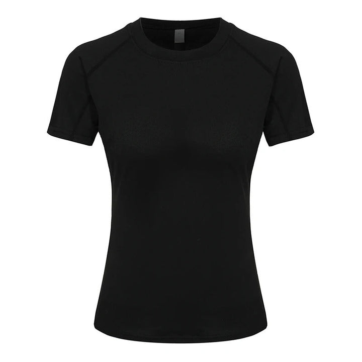 Dame kompressions-t-shirt med korte ærmer, elastisk og hurtigtørrende, perfekt til træning og sport.