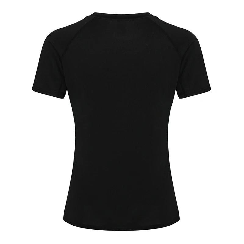 Dame kompressions-t-shirt med korte ærmer, elastisk og hurtigtørrende, perfekt til træning og sport.