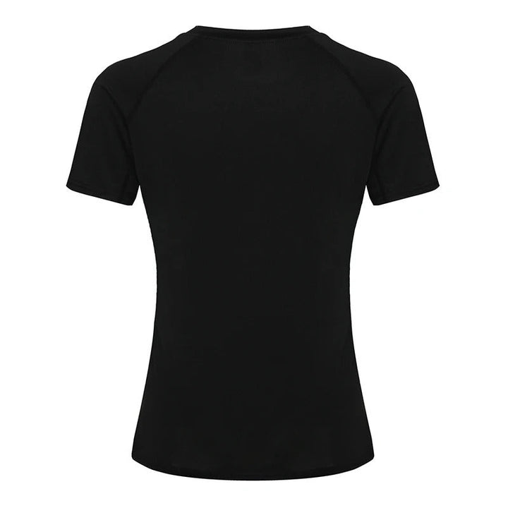 Dame kompressions-t-shirt med korte ærmer, elastisk og hurtigtørrende, perfekt til træning og sport.
