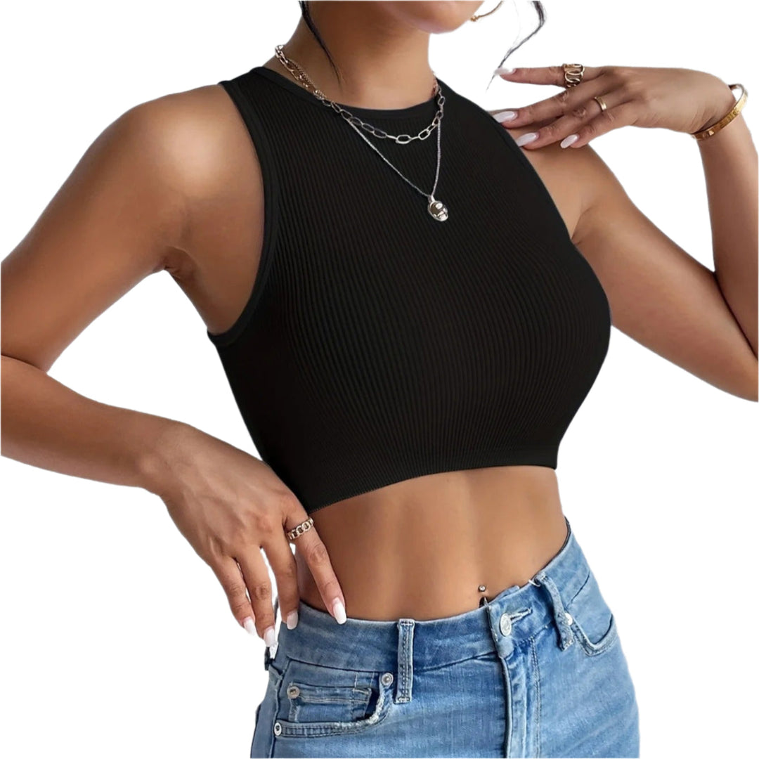Dame kortærmet ribstrikket croptop, ribbet, elastisk, minimalistisk design, perfekt til sommer.