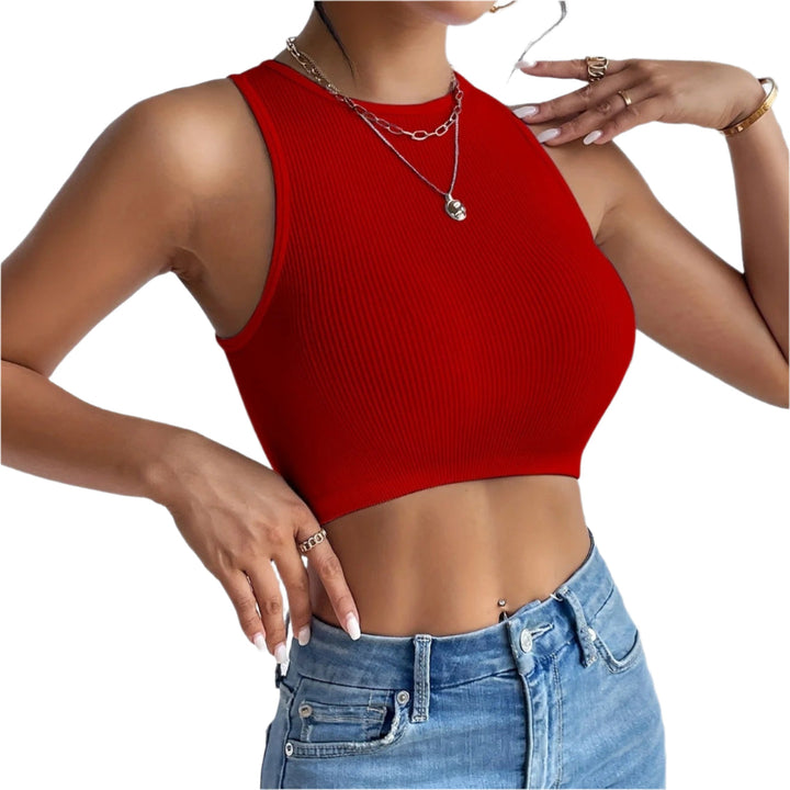 Dame kortærmet ribstrikket croptop, ribbet, elastisk, minimalistisk design, perfekt til sommer.