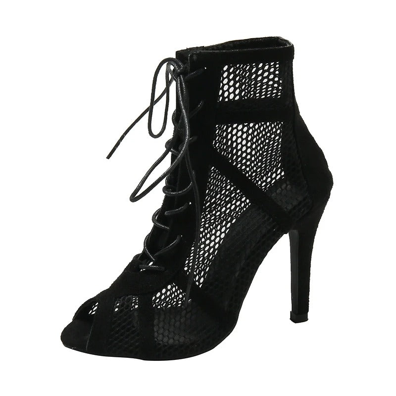 Naisten mesh peep toe sandaalit keskikorolla, hengittävä kangas, ristiin sidottu etuosa, säädettävä nilkkahihna.