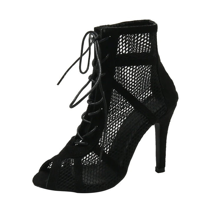 Naisten mesh peep toe sandaalit keskikorolla, hengittävä kangas, ristiin sidottu etuosa, säädettävä nilkkahihna.