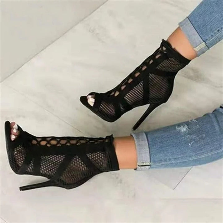 Naisten mesh peep toe sandaalit keskikorolla, hengittävä kangas, ristiin sidottu etuosa, säädettävä nilkkahihna.