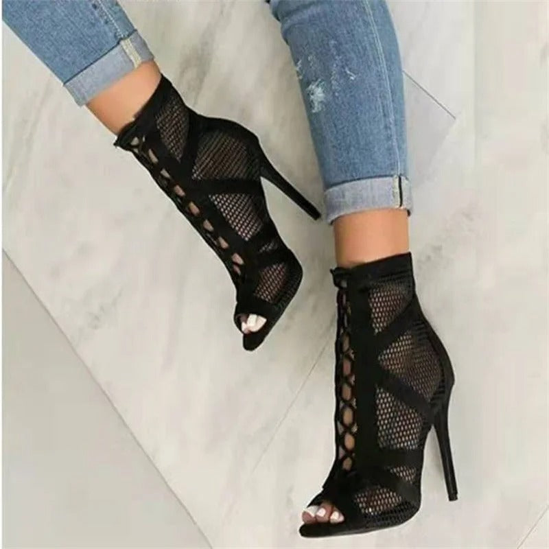 Naisten mesh peep toe sandaalit keskikorolla, hengittävä kangas, ristiin sidottu etuosa, säädettävä nilkkahihna.