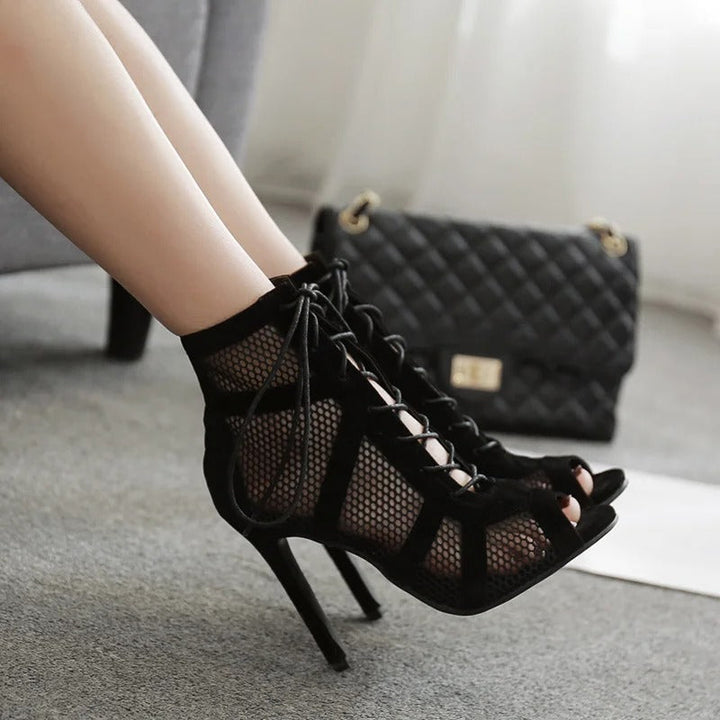 Naisten mesh peep toe sandaalit keskikorolla, hengittävä kangas, ristiin sidottu etuosa, säädettävä nilkkahihna.