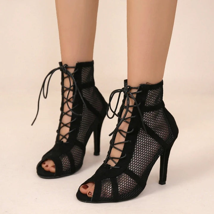 Naisten mesh peep toe sandaalit keskikorolla, hengittävä kangas, ristiin sidottu etuosa, säädettävä nilkkahihna.