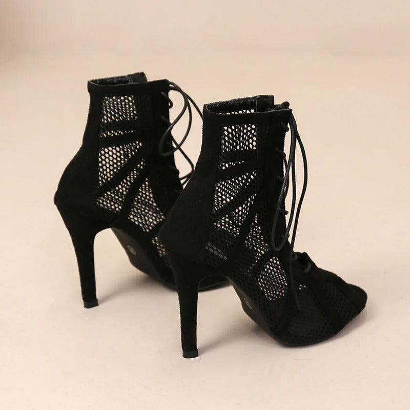 Naisten mesh peep toe sandaalit keskikorolla, hengittävä kangas, ristiin sidottu etuosa, säädettävä nilkkahihna.