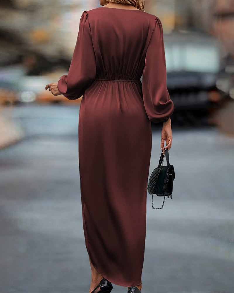 Dame midi festkjole, V-udskæring, pufærmer, A-snit, dyb Bordeaux, spandex polyester, festkjole.