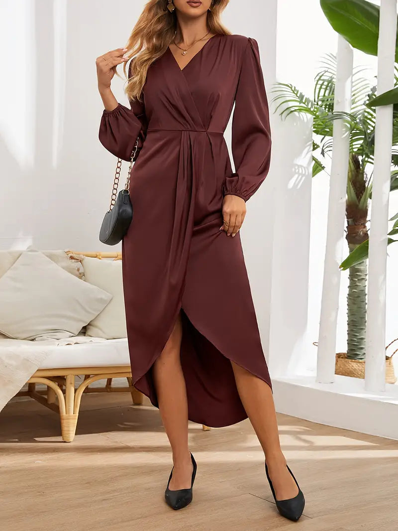 Dame midi festkjole, V-udskæring, pufærmer, A-snit, dyb Bordeaux, spandex polyester, festkjole.
