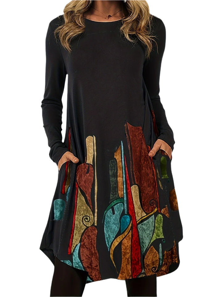 Dame midi kjole med kunstnerisk print og lange ærmer, blødt materiale, yndefuld og fleksibel design.
