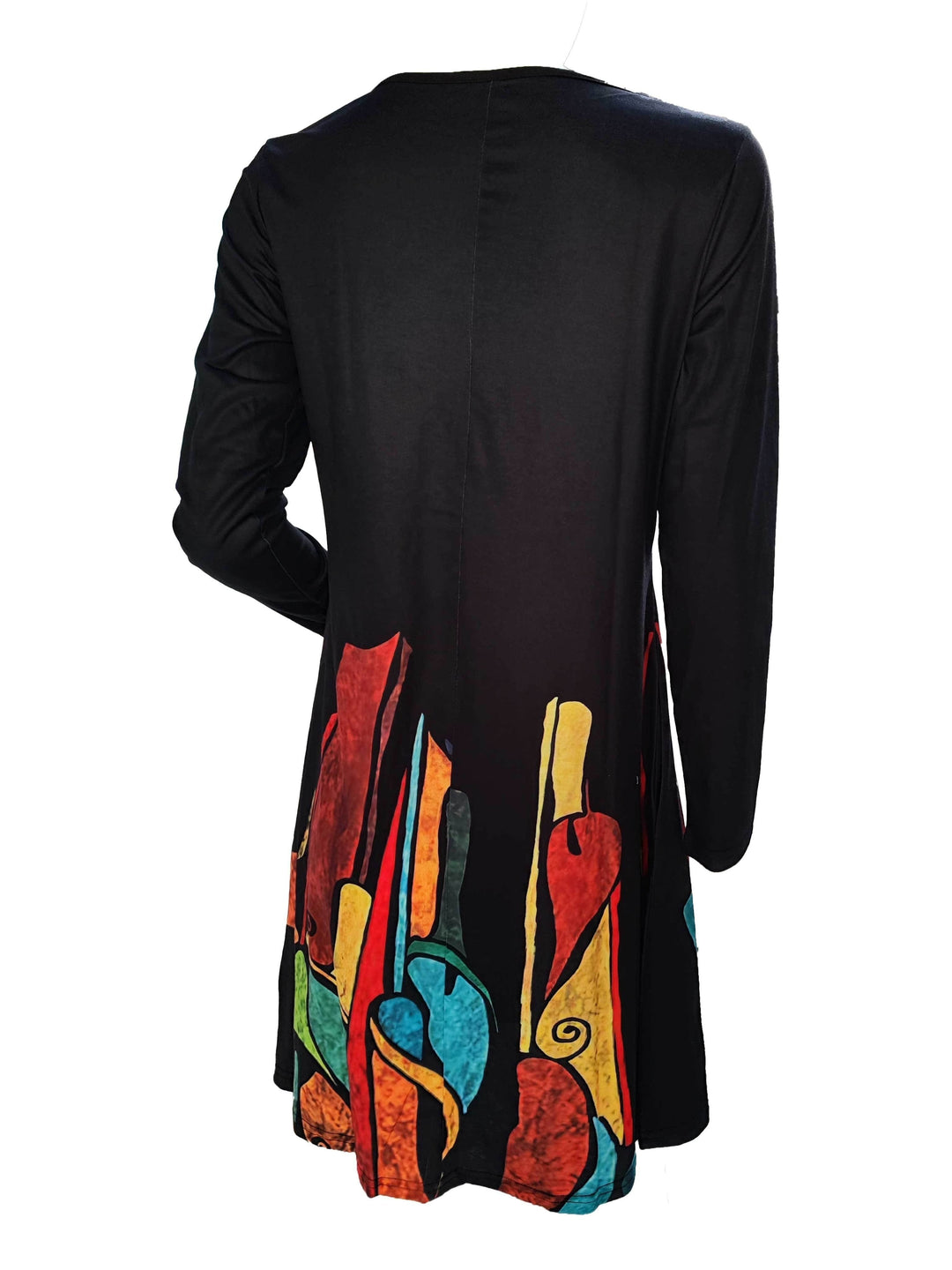 Dame midi kjole med kunstnerisk print og lange ærmer, blødt materiale, yndefuld og fleksibel design.